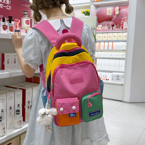 可爱多巴胺撞色双肩包女初中生大容量高颜值学生书包户外登山背包