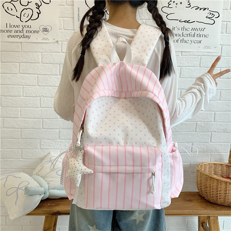 韩系ins可爱少女条纹浅色双肩包女学生大容量高颜值校园书包背包