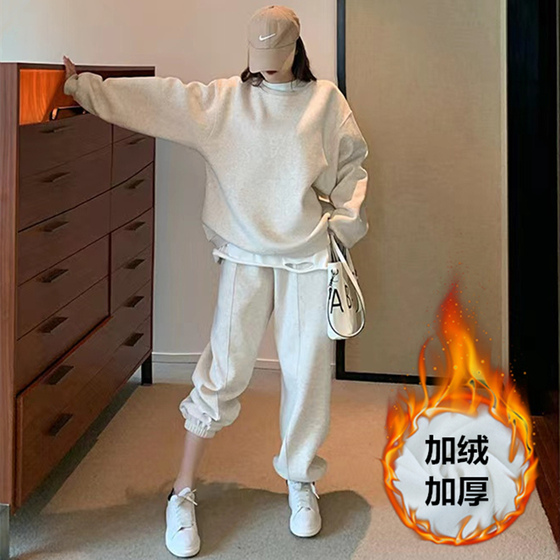 冬季加绒加厚卫衣运动套装女学生韩版宽松显瘦时尚洋气休闲两件套