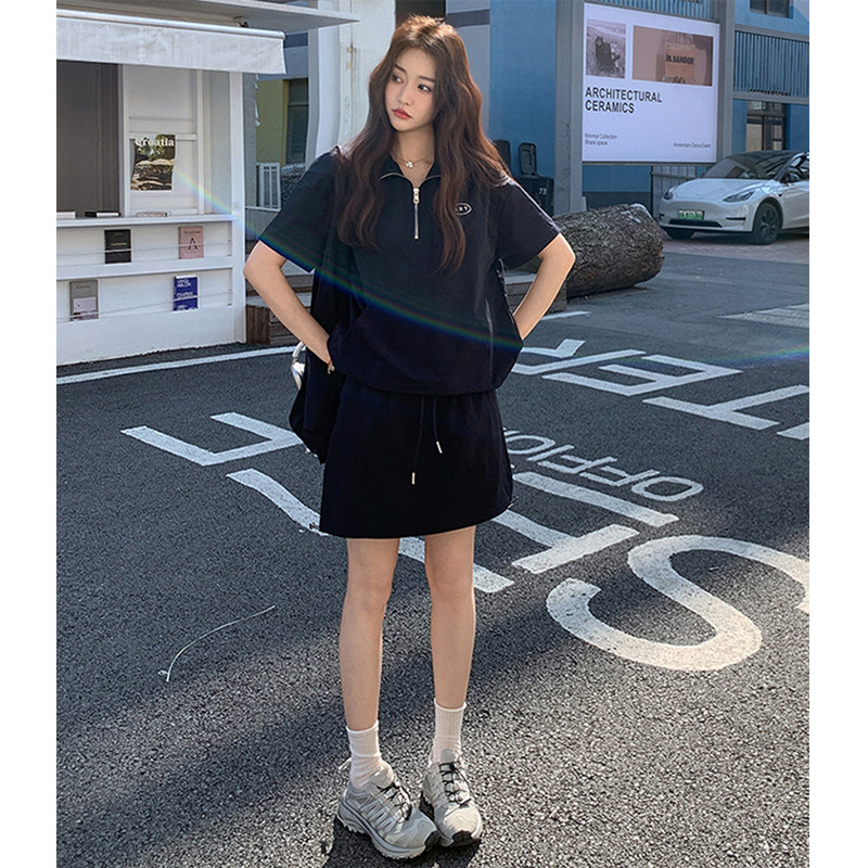 韩系港风polo领运动套装女夏短袖短裙宽松显瘦学生休闲两件套减龄
