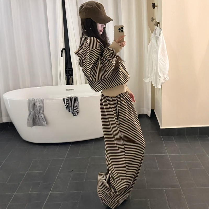 条纹复古连帽卫衣运动套装女秋季松弛感韩系宽松阔腿裤休闲两件套