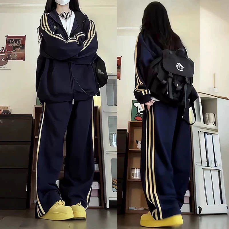 美式炸街卫衣运动套装女春秋韩版跑步服宽松盐系一整套休闲两件套