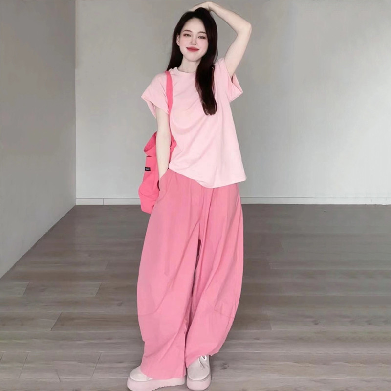 网红多巴胺一整套阔腿裤运动套装女夏短袖宽松减龄韩系休闲两件套
