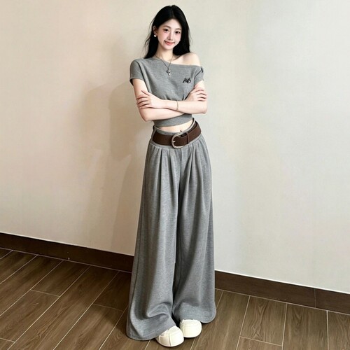 高级感穿搭一整套韩系休闲运动套装女夏盐系露肩宽松阔腿裤两件套