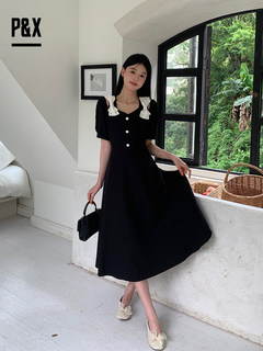P&X设计师女装2023夏季 梭织连衣长裙修身显瘦 823208860 黑色