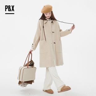 P&X 大衣女 娃娃領(lǐng)拼接假兩件連帽設(shè)計(jì)梭織外套中長(zhǎng)款 半糖假日
