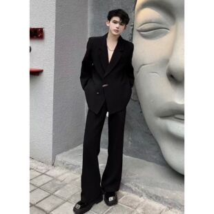 韩版高级感金属别针西装外套男潮流痞帅宽松休闲免烫垫肩西服上衣