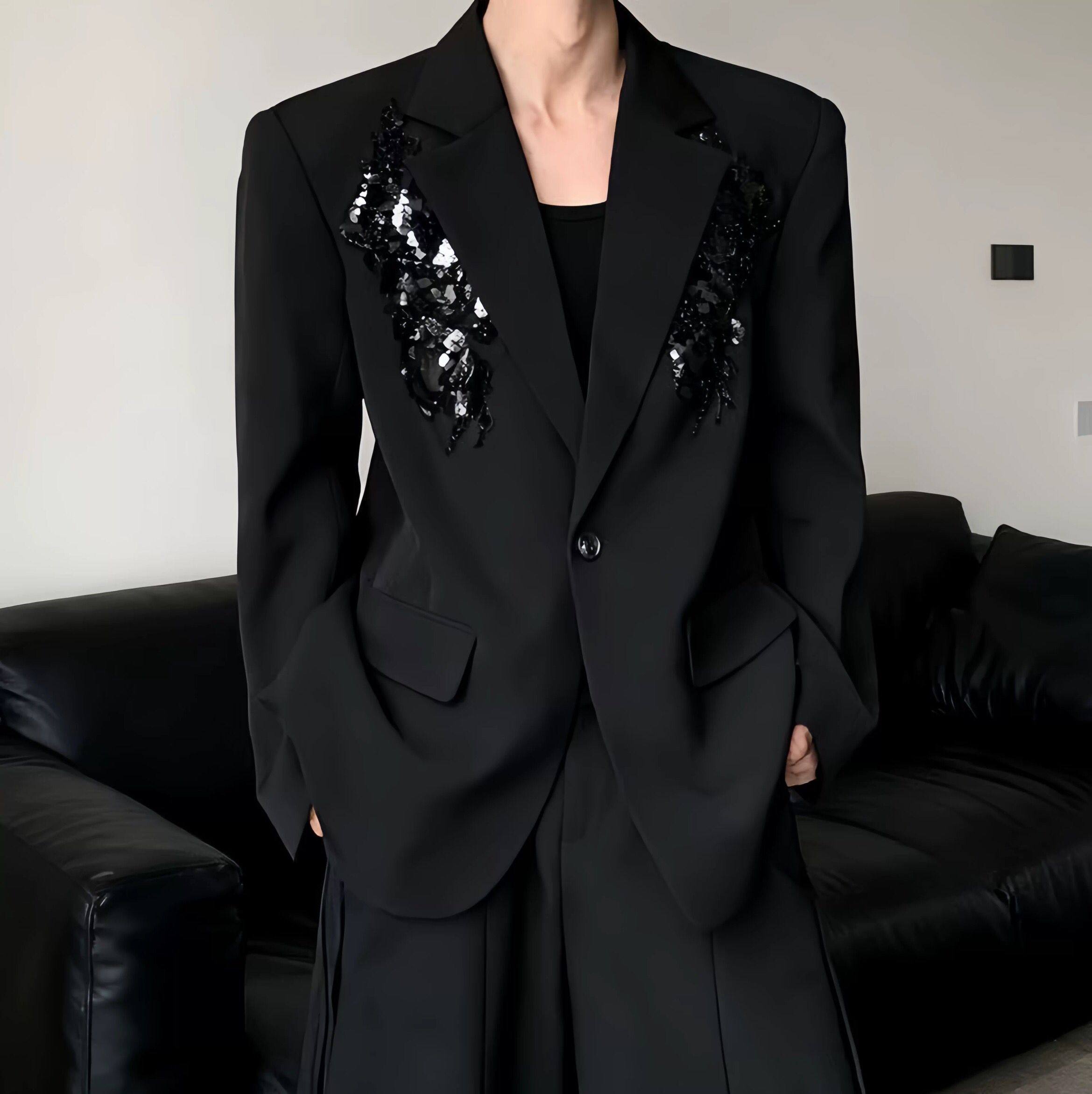 2025秋季轻奢风亮片刺绣黑色西装外套男高级感痞帅垫肩西服,男装,休闲西服,淘宝优惠券,粉丝福利购,淘宝优惠卷