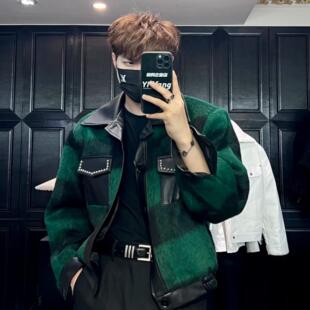 高级感痞帅呢料格子休闲简约拼皮夹棉宽松小众个性潮流时尚夹克男