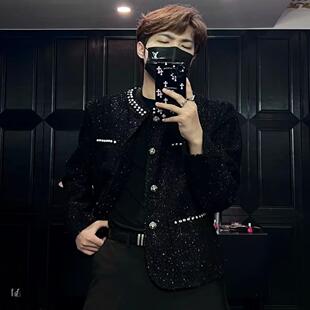 高级感重工镶钻钉珠小香风外套男士韩版宽松夜店痞帅潮流痞帅夹克