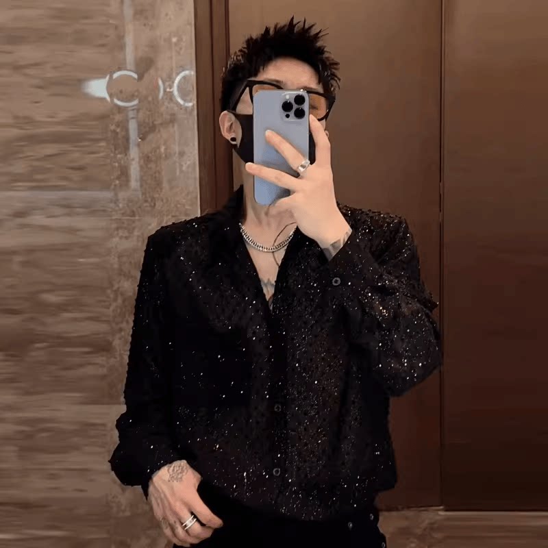 2025新款韩版设计感满天星衬衫男长袖春秋季烫印亮片宽松潮流衬衣