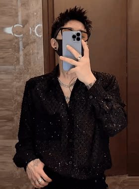 潮流宽松长袖满天星烫印亮片衬衣