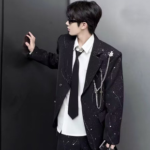 设计师原创满天星烫金西装套装男款简约金属链条西装上衣微喇裤男