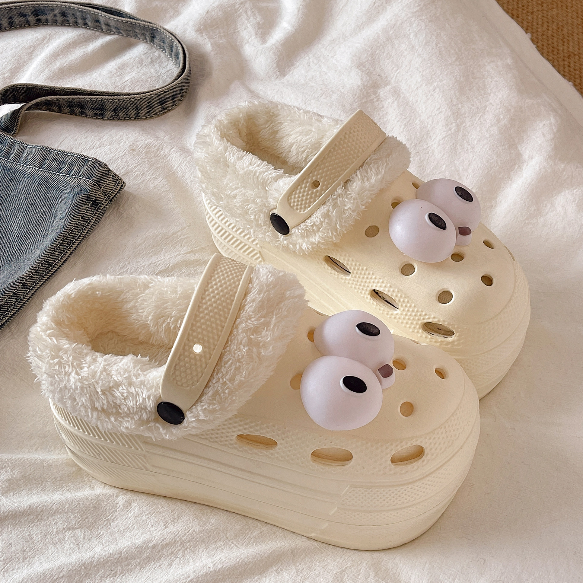 秋冬季高跟厚底加棉加绒9cm洞洞鞋女小个子增高医用包头棉拖鞋女