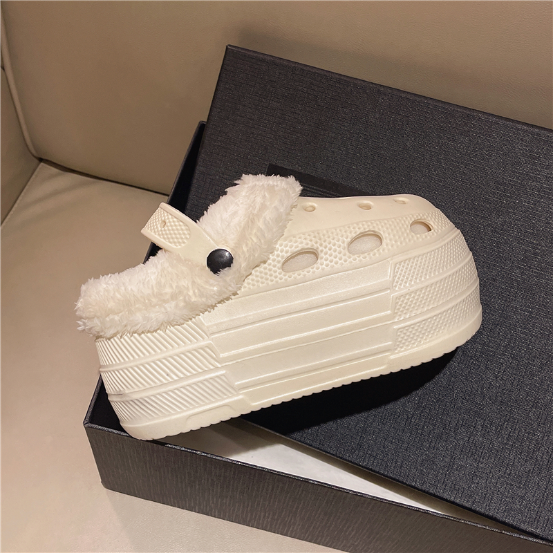 秋冬季高跟厚底加棉加绒8cm洞洞鞋女小个子增高医用上班包头鞋女