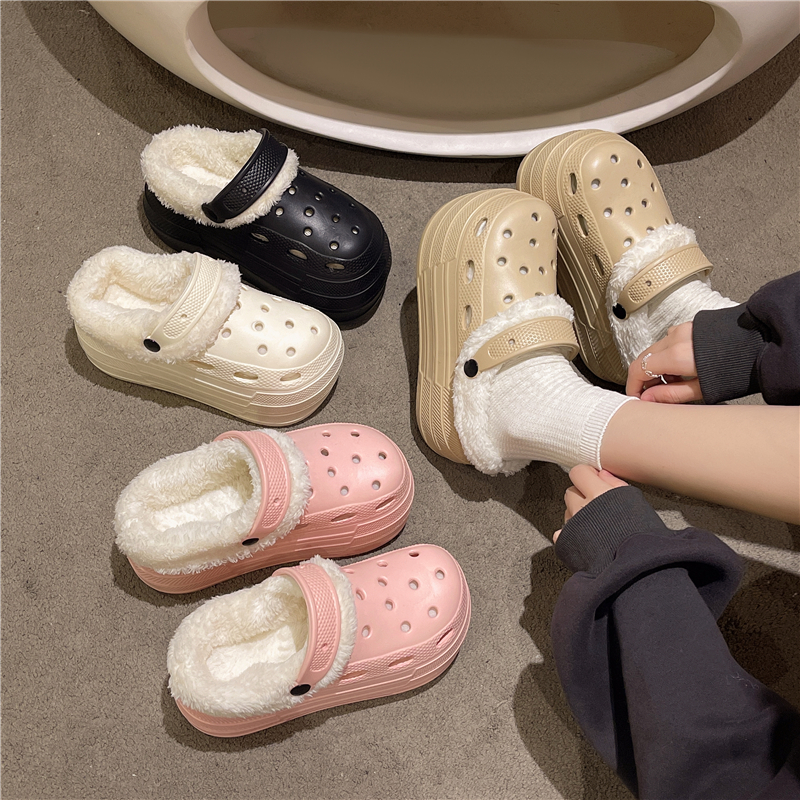 秋冬季高跟厚底加棉加绒8cm洞洞鞋女小个子增高医用上班包头鞋女