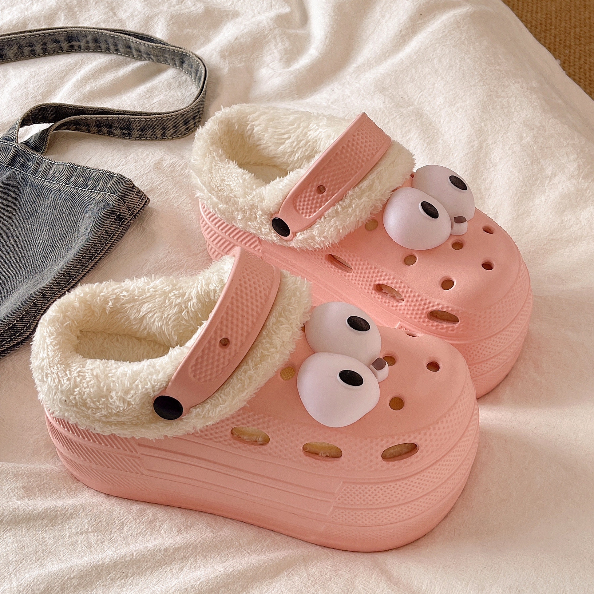 秋冬季高跟厚底加棉加绒9cm洞洞鞋女小个子增高医用包头棉拖鞋女