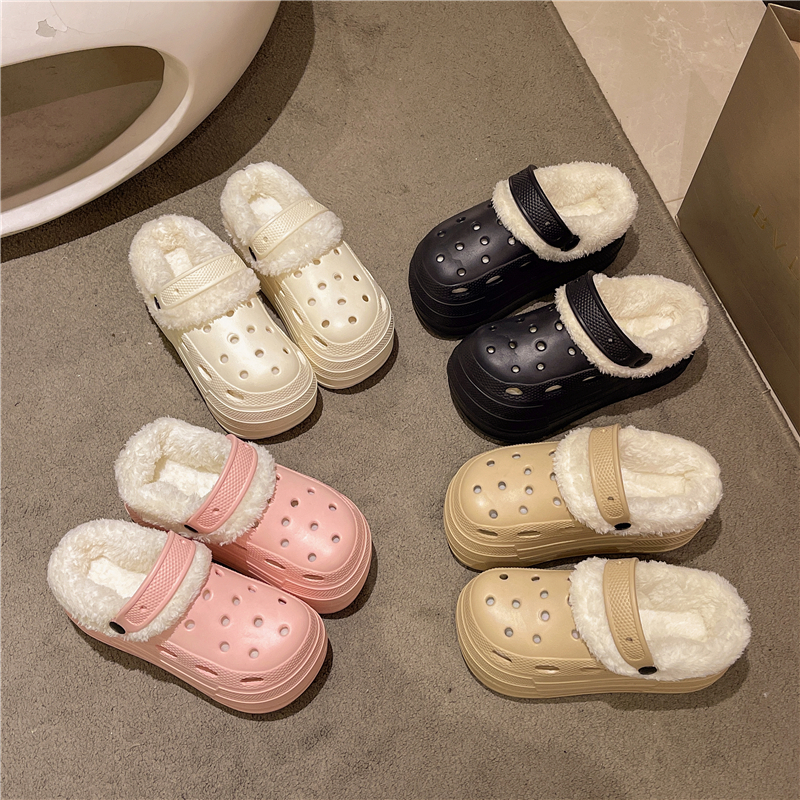 秋冬季高跟厚底加棉加绒8cm洞洞鞋女小个子增高医用上班包头鞋女