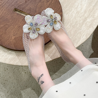 韩国网红小众heavenlyjelly同款尖头水晶鞋女凉鞋DIY鞋饰果冻鞋女