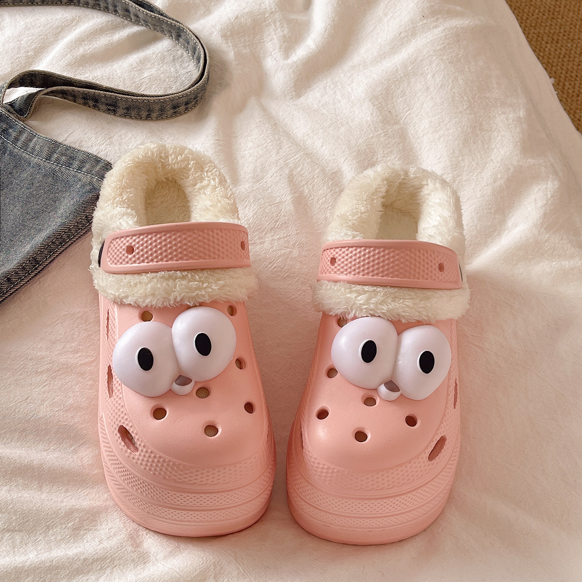 秋冬季高跟厚底加棉加绒9cm洞洞鞋女小个子增高医用包头棉拖鞋女