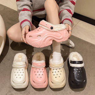 可拆卸棉拖鞋女士秋冬季外穿厚底冬天棉拖加绒高跟10CM洞洞鞋冬款