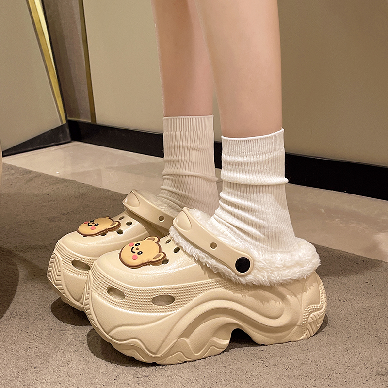 高跟9CM加绒洞洞鞋女冬防滑拍婚纱照增高神器拖鞋松糕鞋厚底婚鞋