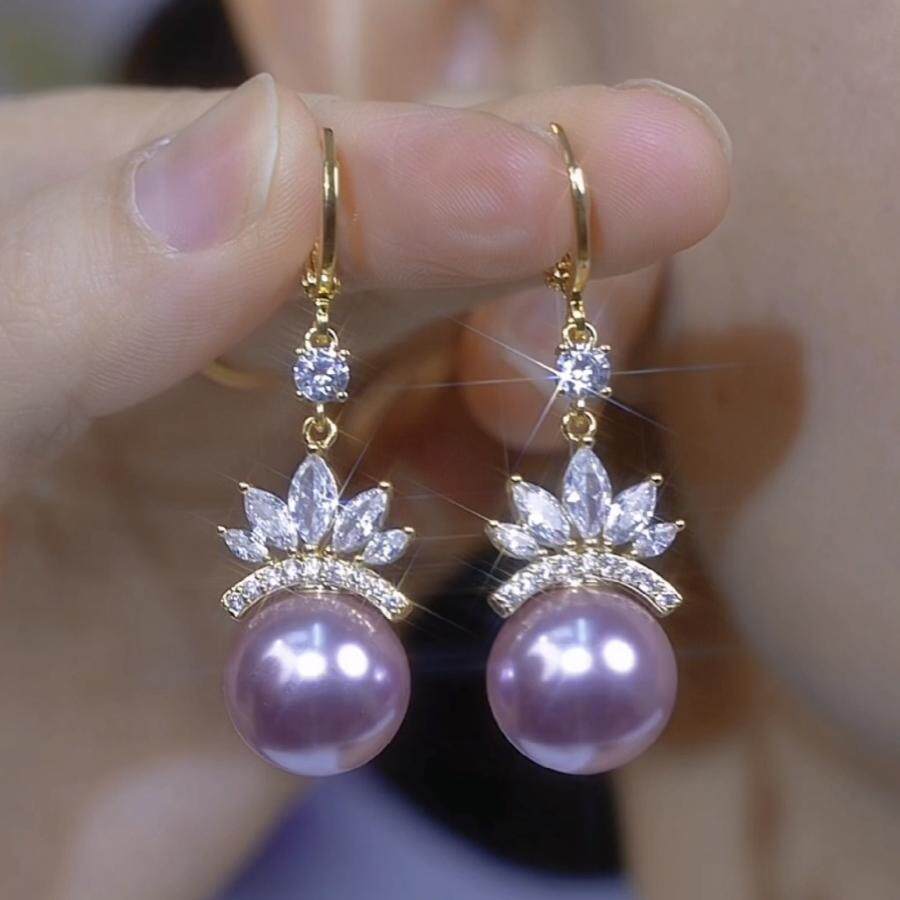 超闪锆石花朵紫色珍珠耳环女2025新款爆款气质耳扣轻奢高级感耳饰