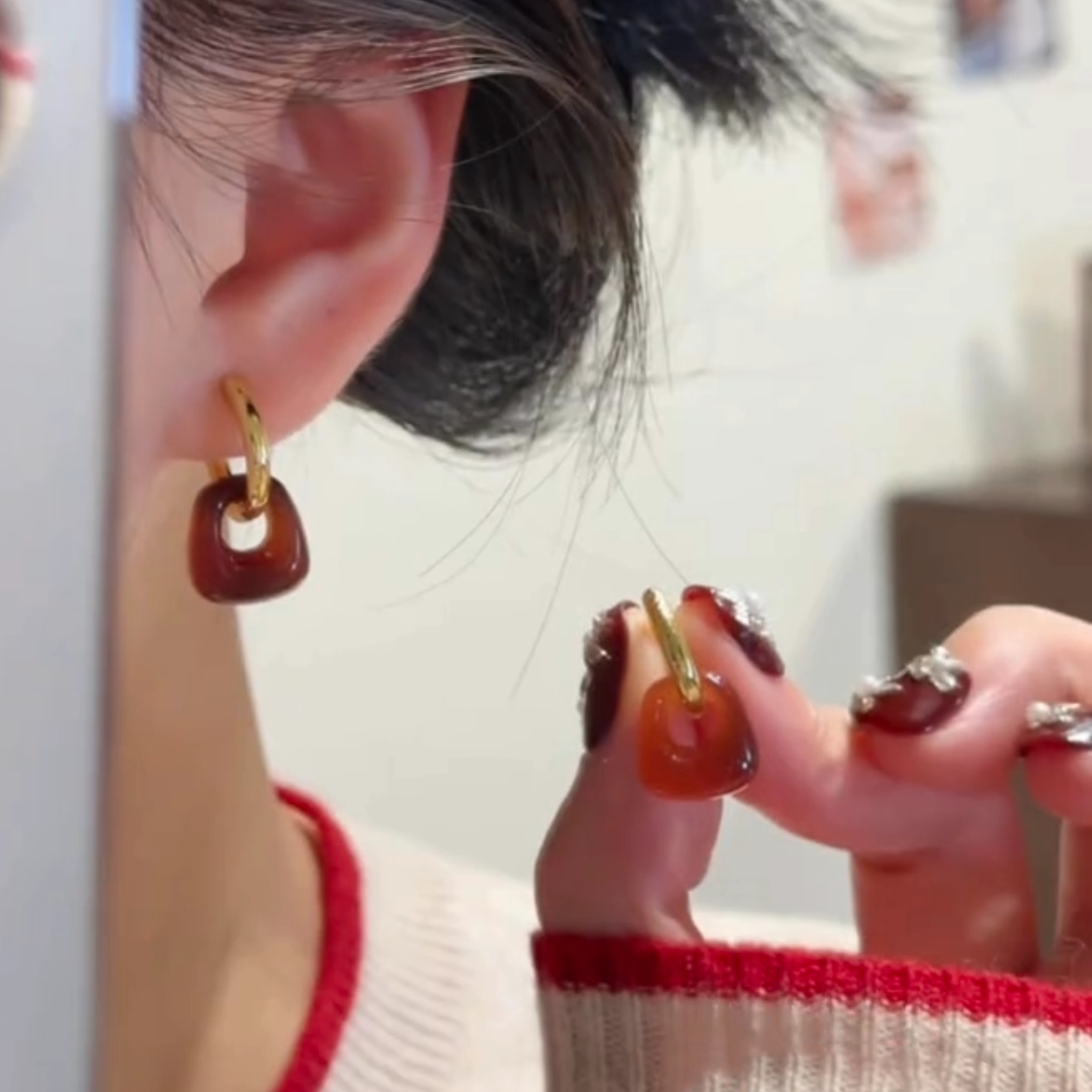 轻奢美拉德琥珀色几何耳扣女小众设计感耳环气质百搭一款多戴耳饰