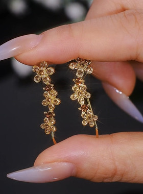 超仙咖色满钻花朵耳排一体式耳环小众设计感银针耳钉气质轻奢耳饰