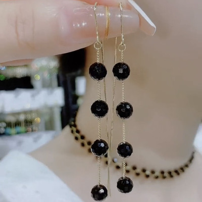 气质轻奢长款黑色水晶流苏耳线女