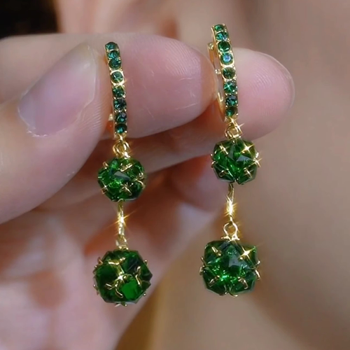 轻奢高级感绿色锆石球球流苏耳环