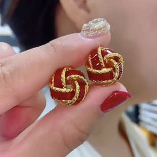 法式复古红色同心结耳钉轻奢高级感小众设计气质百搭耳环秋冬耳饰