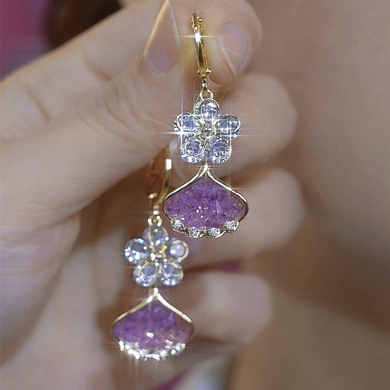 紫色银杏叶耳环锆石花朵耳扣女2025年新款小众设计感网红百搭耳饰