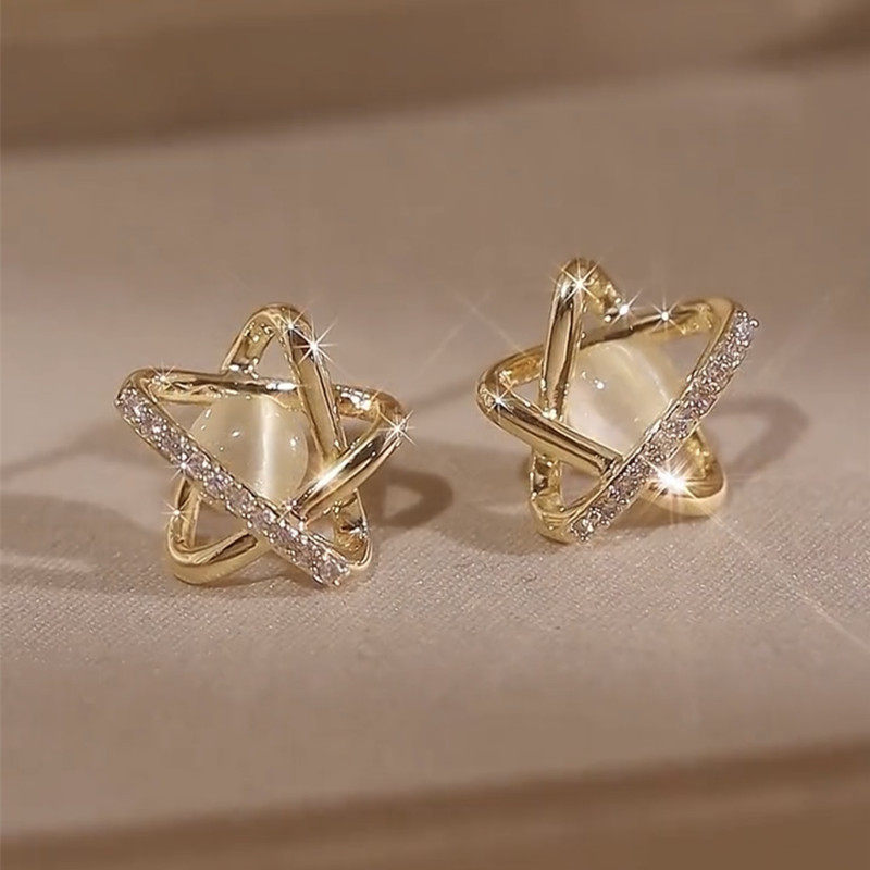 镶钻猫眼石五角星星耳钉气质简约百搭耳环小众设计感925银针耳饰