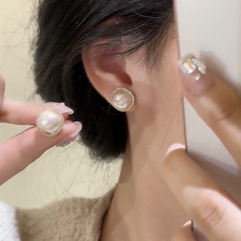 小众设计感方形镶钻珍珠耳钉女