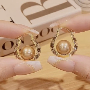 美拉德咖色镶钻珍珠耳圈耳扣女气质时尚百搭耳环网红轻奢圈圈耳饰
