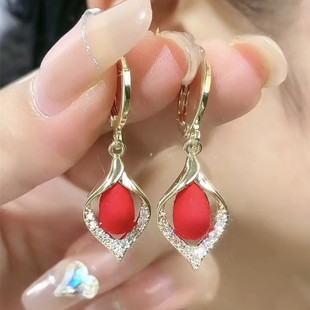 日韩天使之泪红色珍珠耳环耳扣女设计感水滴耳坠气质网红轻奢耳饰