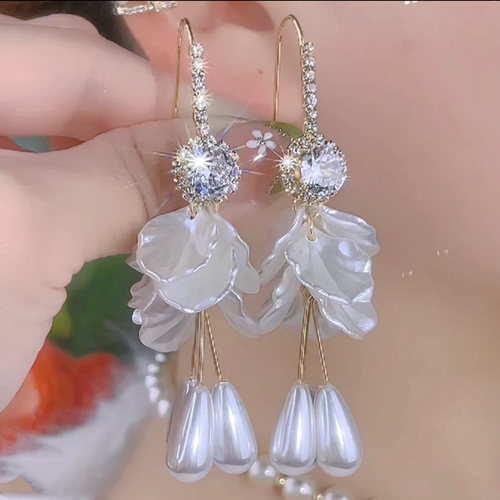 超仙锆石花瓣珍珠水滴流苏耳环女