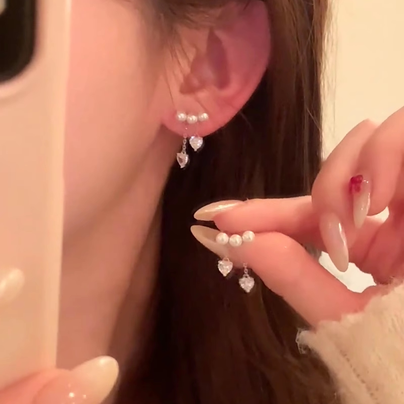 925银针闪锆爱心珍珠流苏耳环女