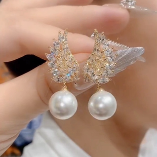 925银针超闪锆石天使之翼珍珠耳钉耳环女气质百搭轻奢高级感耳饰