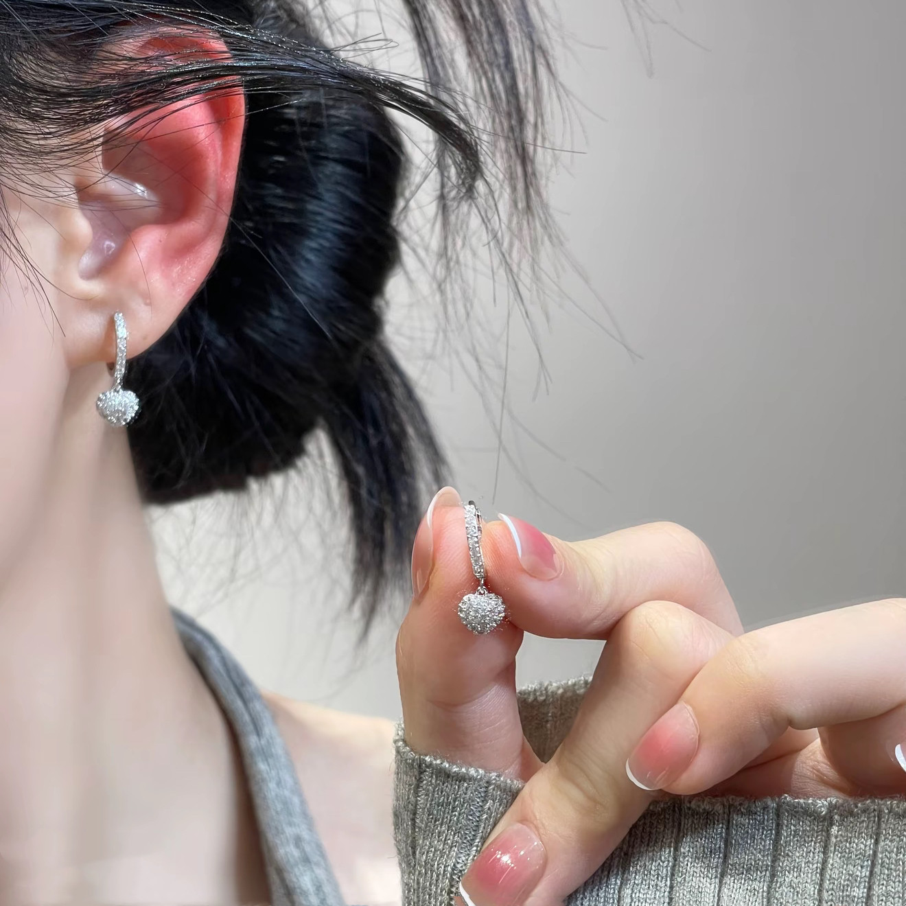 法式轻奢满锆爱心吊坠耳扣耳环女