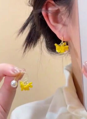 超仙黄色桂花珍珠耳环女气质甜美温柔小众设计感法式耳钩百搭耳饰