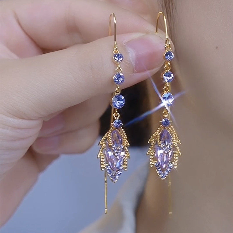 紫色水晶叶子耳线2026新款爆款轻奢小众设计高级感耳环显脸瘦耳饰