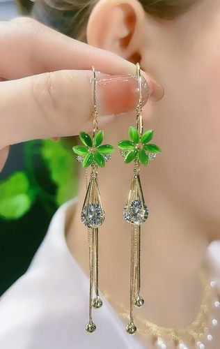 超仙绿色猫眼石花朵流苏耳线耳环