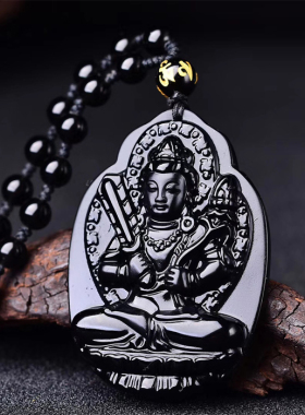 天然黑曜石虚空藏吊坠属虎生肖牛