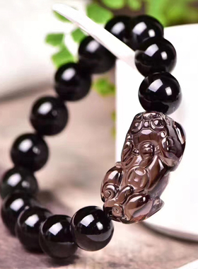 冰种黑曜石男女款水晶貔貅手链