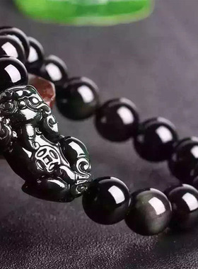 天然彩虹眼黑曜石貔貅单圈手串