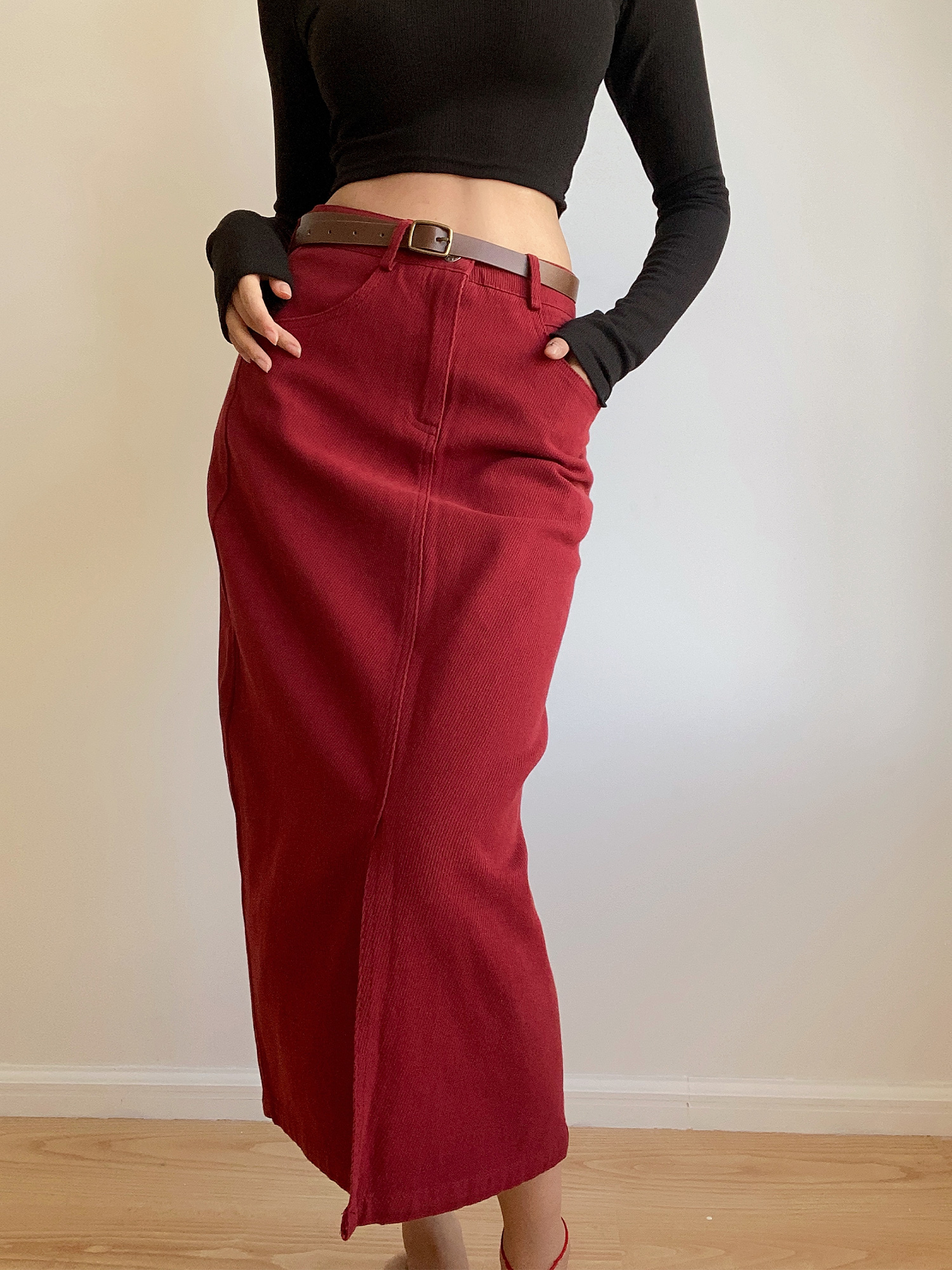 复古纯色高腰腰带半身裙长裙