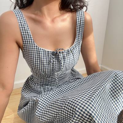 BERAN 法式复古方领格纹蝴蝶结系带收腰显瘦格子背心连衣裙长裙