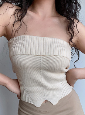 BERAN 欧美风性感一字露肩平口翻边高腰短款下摆开叉针织抹胸背心